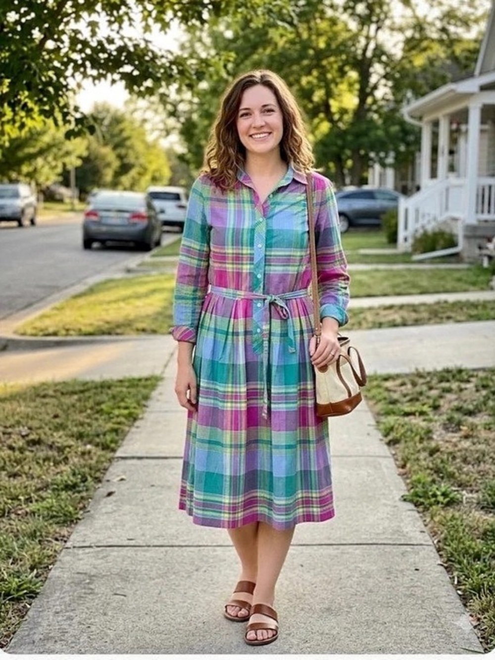 Vintage 90s Cottagecore Matt Sport Plaid Midi Dress in Purple & Green Size 12